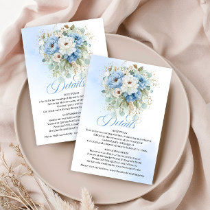 Stofbloem blauwe witte pioen eucalyptus gouden acc informatiekaartje