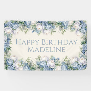 Stofbloem Blauwe Witte Rozen Gelukkige Verjaardag Spandoek