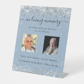 Stofbloem blauwe zilveren foto-herdenkingsbruiloft reclamebord met voetstuk (Voorkant)