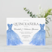 Stofbloem Blauwe Zilveren Glitter Jurk Twin Quince Kaart (Staand voorkant)