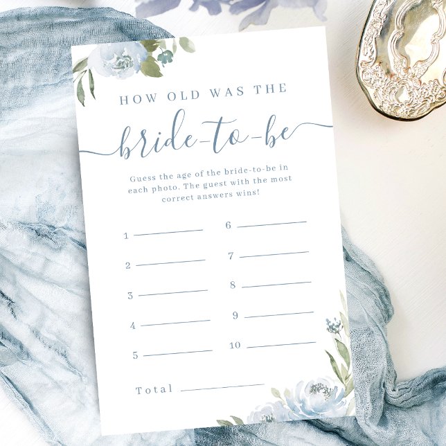 Stofbloem bruidsleeftijd spel (Dusty blue floral how old was the bride game)