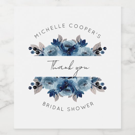 Stofbloem en marineblauwe bloemen wijn etiket (Enkel label)