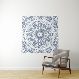 Stofbloem Mandala in Stofblauw Wandkleed