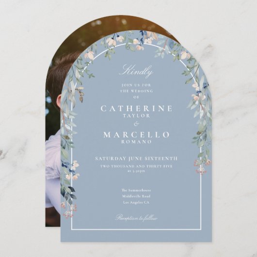 Stofbloem Wilde Bloemen Bloemboog Foto Bruiloft Kaart (Voorkant / Achterkant)