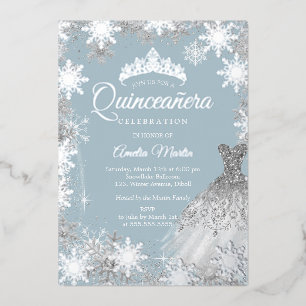 Stofbloem Zilveren Winter Sneeuwvlok Quinceanera Folie Uitnodiging