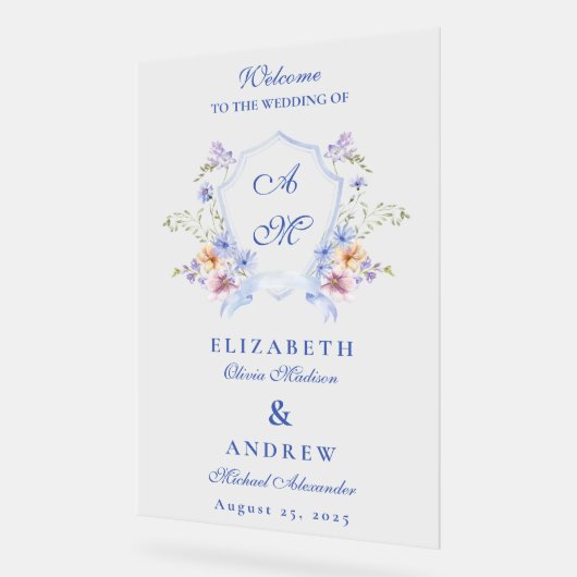 Stofbloemige Blauwe Kuif Bruiloft Acryl Bord (Hoek)