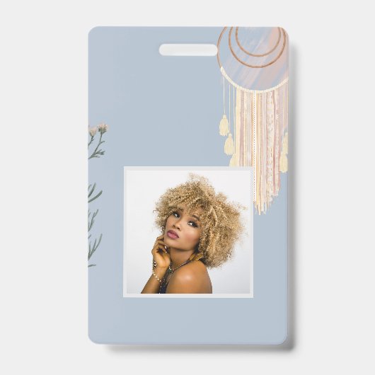 Stofbloemige Blauwe Perzik Boho Droomvanger Badge (Voorzijde)