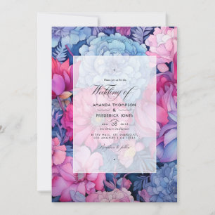Stofbruiloft met blauwe en fuchsia bloemen kaart