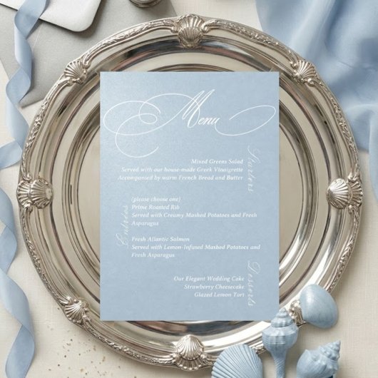 Stofbruiloftsmenu kaart romantisch blauw