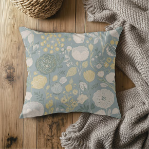 Stofbruin Blauw Geel Beige Moderne Bloemenprint Kussen
