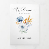 Stofbruin Blauw Wit Goud Bloem Bruiloft Drieluik Aankondiging (Cover)