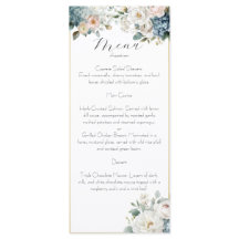 Stofbruin Blauwe & Blush Bloemige Trouwmenu Kaart