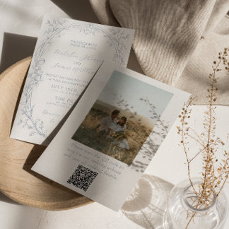 Stofbruin Blauwe Boho Bloemige QR Code Foto Bruilo Kaart