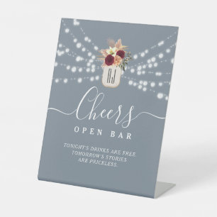 Stofbruin blauwe open bar huwelijksbord reclamebord met voetstuk