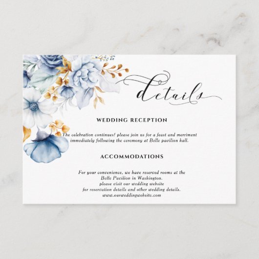 Stofbruine Blauw Witte Gouden Bloem Bruiloft Informatiekaartje (Voorkant)