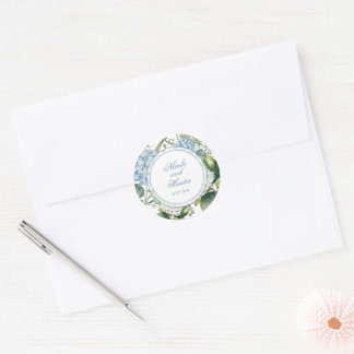 Stofbruine Blauwe Aquarel Bloemige Trouwreceptie Ronde Sticker