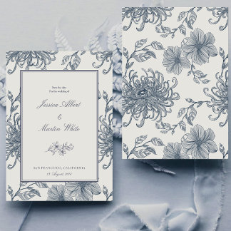 Stofbruine Blauwe Aquarel Boho Bloemige Trouwfoto Save The Date
