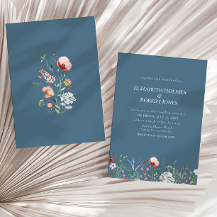 Stofbruine Blauwe Boho Wilde Bloemen Trouw Uitnodi Kaart