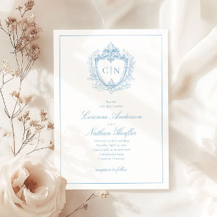 Stofbruine Blauwe Elegante Monogram Wapen Huwelijk Kaart