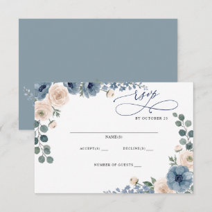 Stofbruine Blauwe Ivoor Blush Bloem Moderne Trouwd RSVP Kaartje