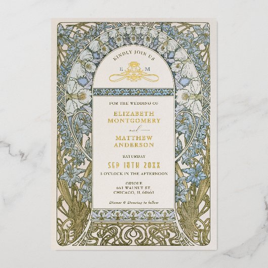 Stofbruine Blauwe Korenbloem Bruiloft Art Nouveau Folie Uitnodiging (Voorkant)