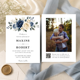Stofbruine blauwe marine & ivoor roos QR-code foto Kaart