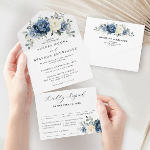 Stofbruine Blauwe Navy Champagne Ivoren Bloemen Br All In One Uitnodiging