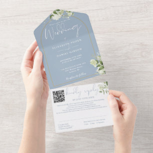 Stofbruine blauwe QR-code Gouden Boog Groene Bloem All In One Uitnodiging