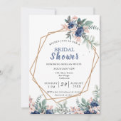 Stofbruine Blauwe Roze Bloem Gouden Frame Bruidsdo Kaart (Voorkant)