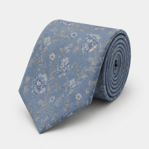 Stofbruine Blauwe Vintage Bloem Jacquard Stropdas