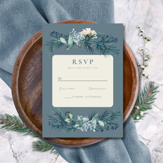 Stofbruine Blauwgrijze Winter Bloem Bruiloft RSVP Kaartje