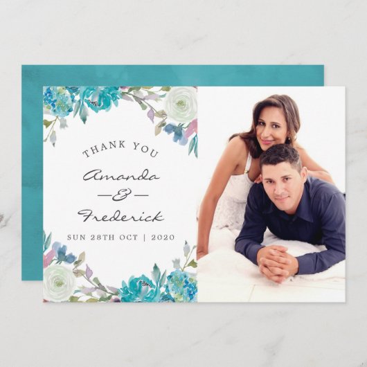 Stofbruine en turquoise trouwkaart bedankt (Voorkant / Achterkant)