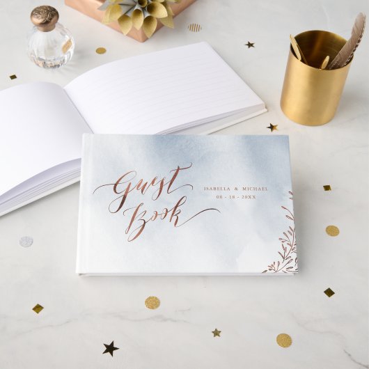Stofbruine kalligrafie rustieke trouw gast boek (Voorkant open)