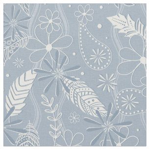 Stoffelijk blauw boho veren bloemen paislies patro stof