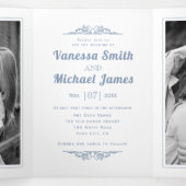 Stoffelijk blauw elementen en typografie bruiloft drieluik uitnodiging (Binnenkant midden)