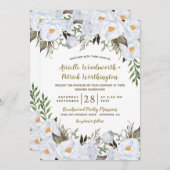 Stoffelijk Blauw en Goud Bloemen Bruiloft Kaart (Voorkant / Achterkant)