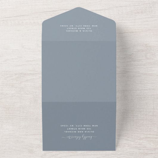 Stoffelijk blauw eucalyptus groen bruiloft elegant all in one uitnodiging (Buitenkant)