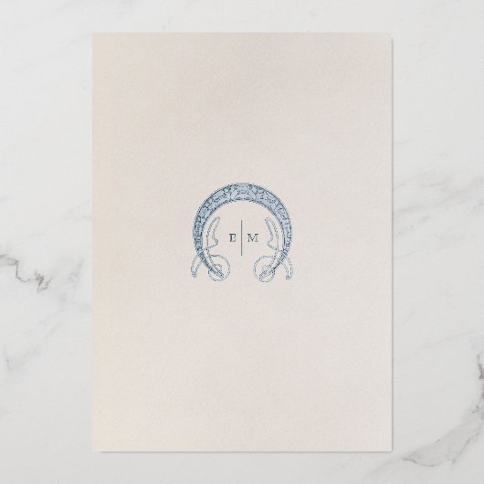 Stoffelijk Blauw Korenbloem Bruiloft Art Nouveau M Folie Uitnodiging (Achterkant)