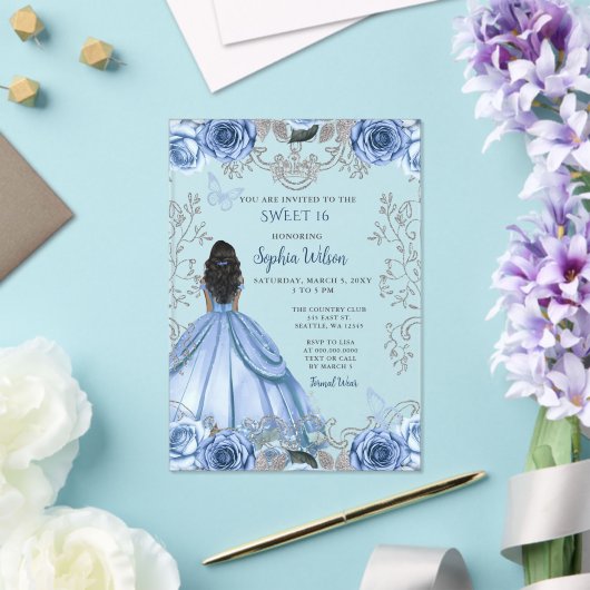 Stoffelijk Blauw Zilver Bloemen Prinses ZOET 16 Acryl Uitnodigingen (Insitu (Huwelijk))