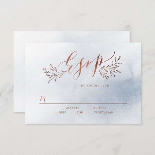 Stoffelijk blauwe kalligrafie rustieke bloemenbrui RSVP kaartje (Voorkant / Achterkant)