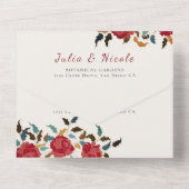 Stoffelijk Elegant Gouden Rode Rose Bloem Bruiloft All In One Uitnodiging (Achterkant)