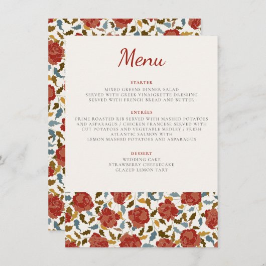 Stoffelijk Elegant Gouden Rode Rose Bloem Bruiloft Menu (Voorkant / Achterkant)