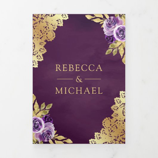 Stoffelijk Paarse Bloemen Gouden Kant QR Code Brui Drieluik Uitnodiging (Cover)