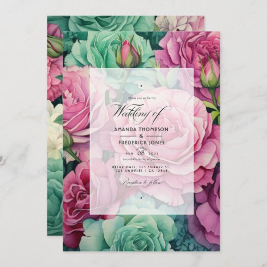 Stoffelijk Roos en Emerald Green Bloemenbruiloft Kaart (Voorkant / Achterkant)