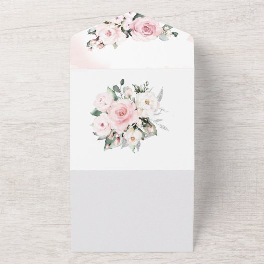 Stoffelijk Roos en Grijs Bruiloft All In One Uitnodiging (Buitenkant)