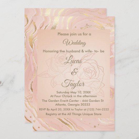 Stoffelijk Roos & Gouden Huwelijksuitnodiging Kaart (Voorkant / Achterkant)