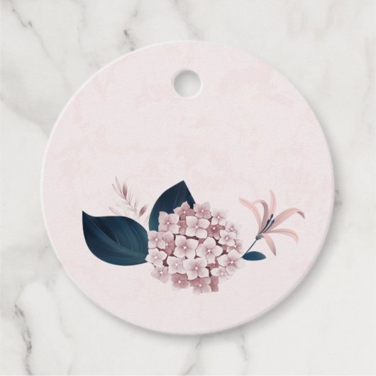 Stoffelijk roos Hydrangea & Navy bladeren roze Bedankjes Labels (Voorkant)
