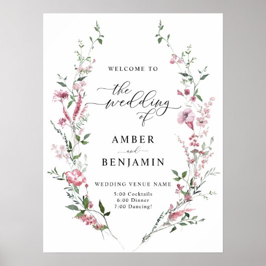 Stoffelijk Roos Roze Wildbloemen Bruiloft Welkomst Poster (Voorkant)