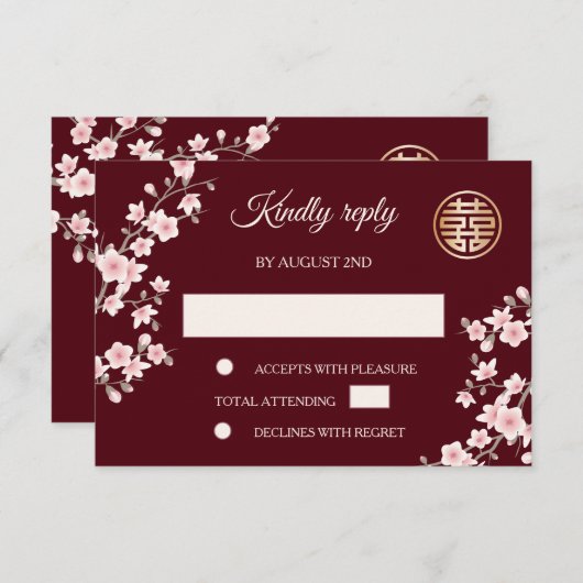 Stoffelijke PiNk Kersenbloesem RSVP Chinese bruilo Kaart (Voorkant / Achterkant)