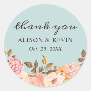 Stoffig Aqua Blauw met Roze Bloemige Dank Je Ronde Sticker